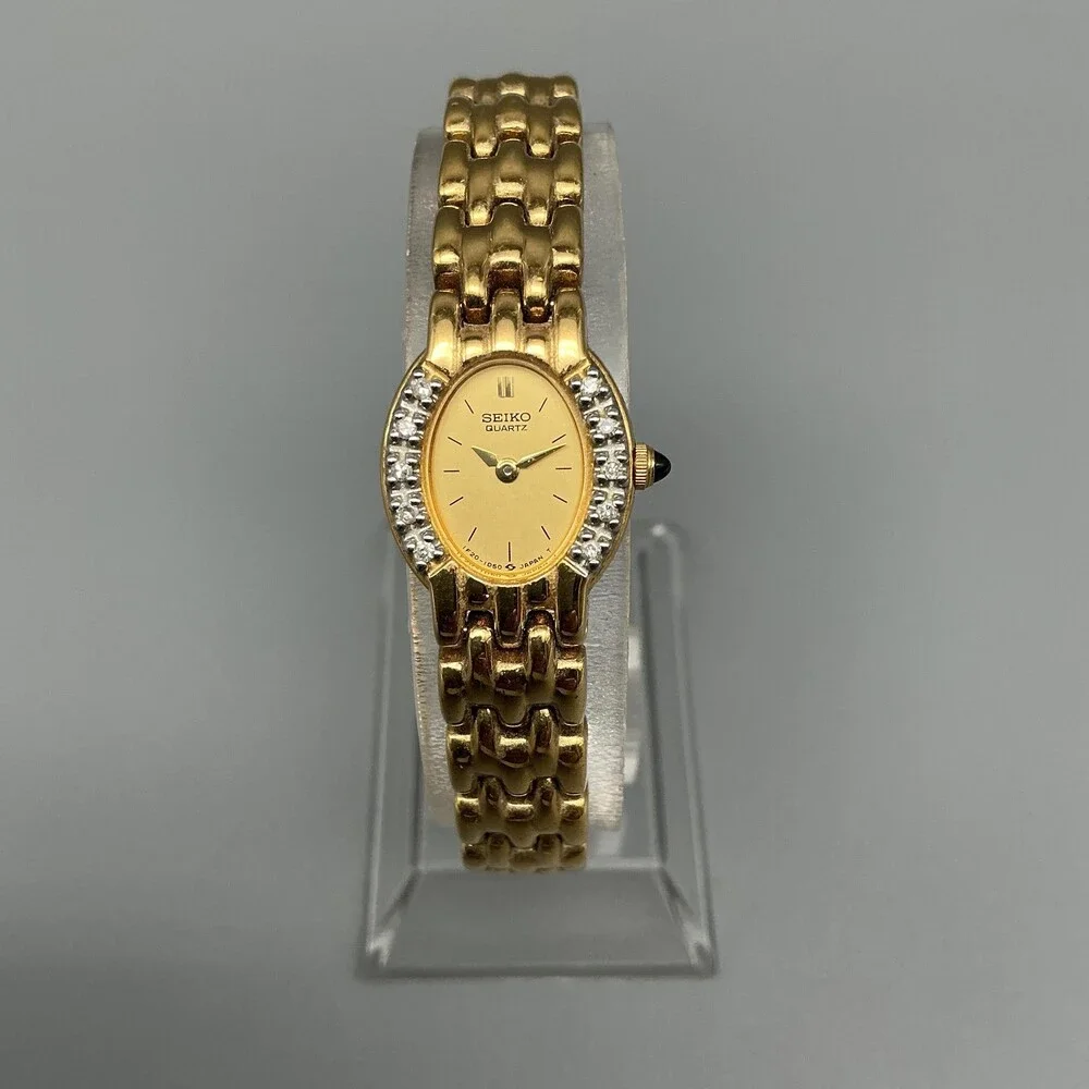 Vintage Seiko Womens Watch 15mm Gold Tone Diamond 1F20-5G19 New Battery 6.75